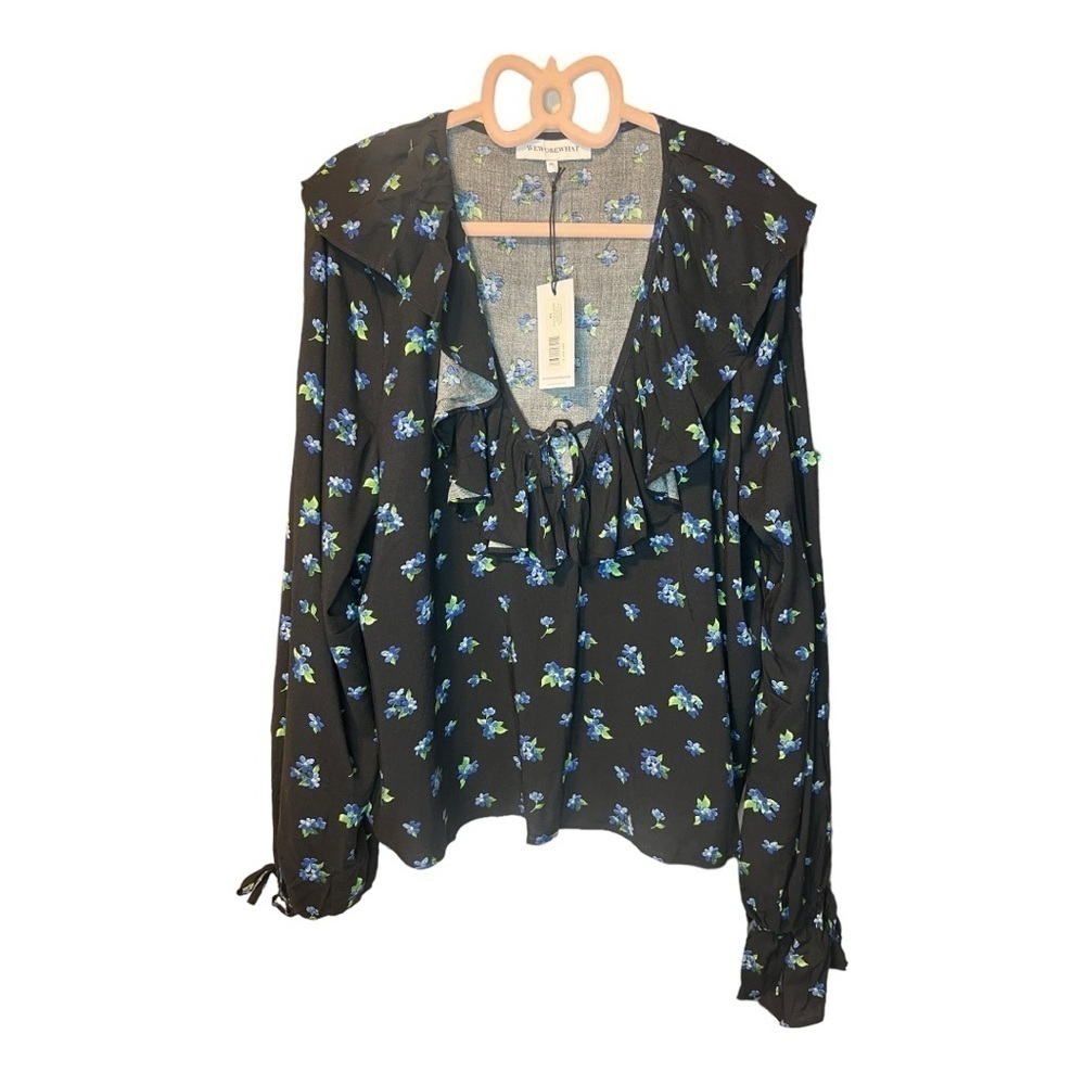 Weworewhat xl long sleeve ruffle blue and black top nwt